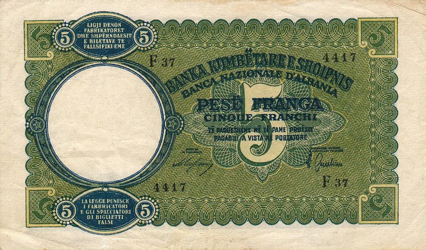 Front of Albania p6a: 5 Franga from 1939