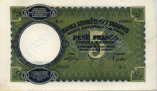 Front of Albania p6s: 5 Franga from 1939