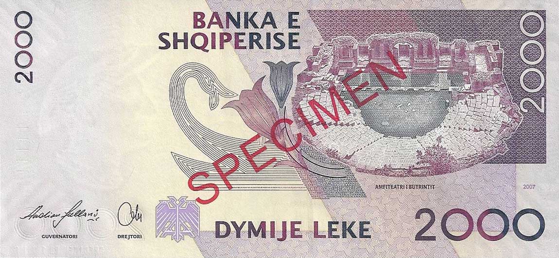 Back of Albania p74s: 2000 Leke from 2007