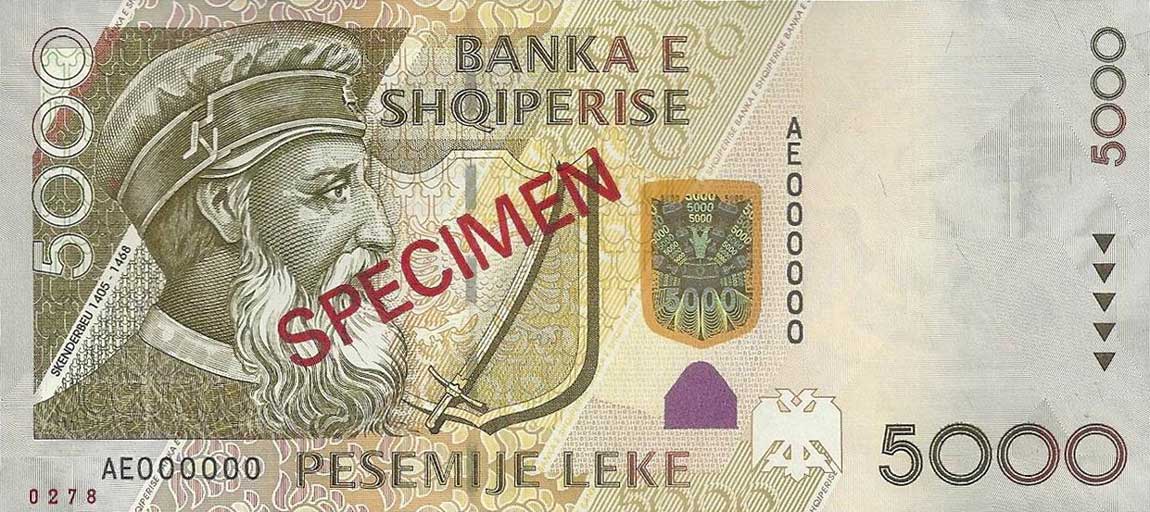 Front of Albania p75s: 5000 Leke from 2007