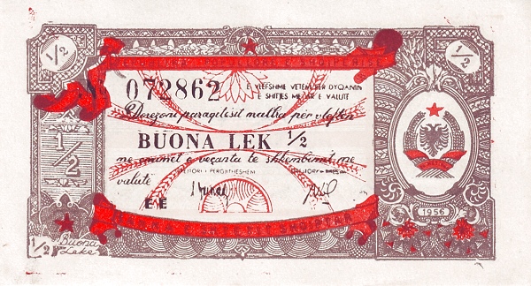 Front of Albania pFX10: 0.5 Lek from 1956