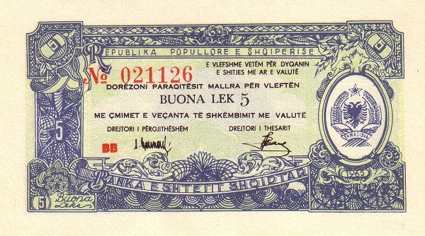 Front of Albania pFX25: 5 Leke from 1965