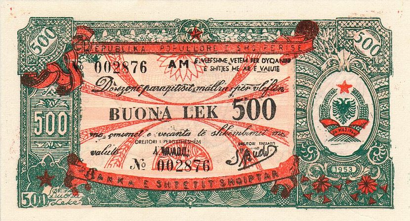 Front of Albania pFX9: 500 Leke from 1953