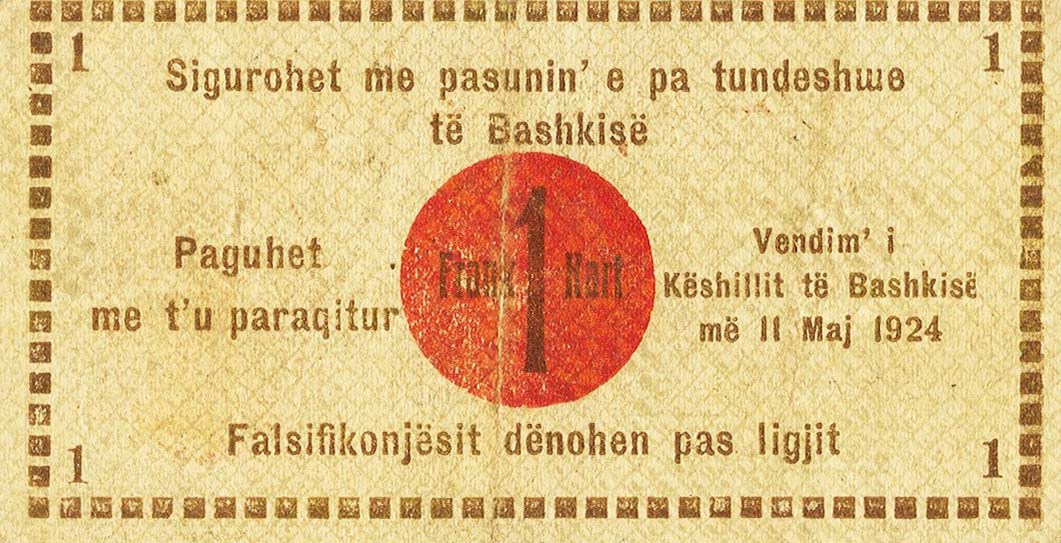 Back of Albania pS186: 1 Frank Kart from 1924