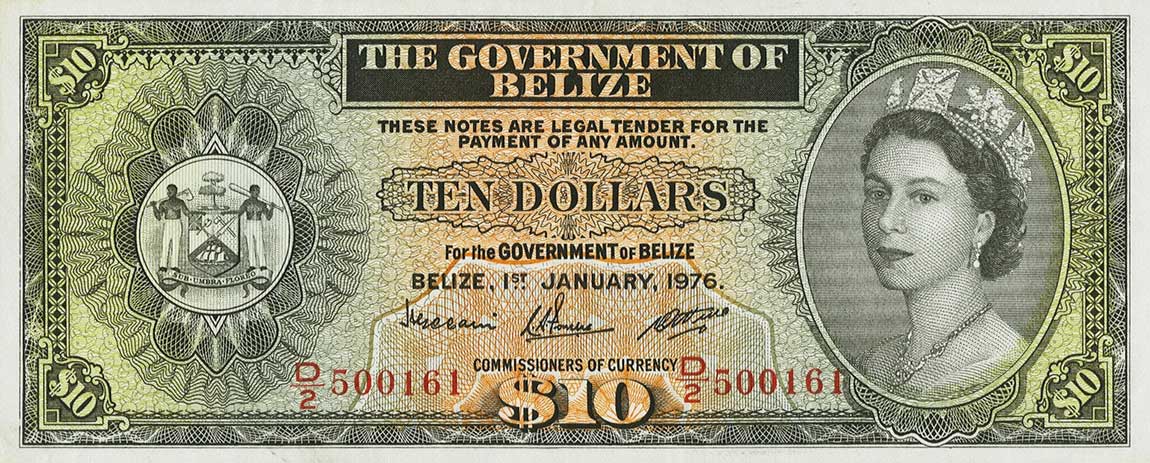 Front of Belize p36c: 10 Dollars from 1976