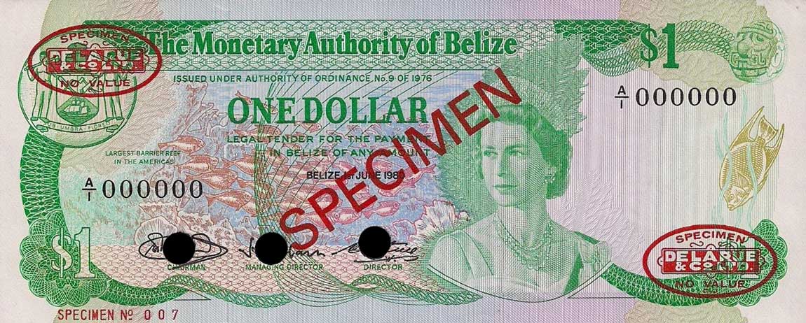 Front of Belize p38s: 1 Dollar from 1980