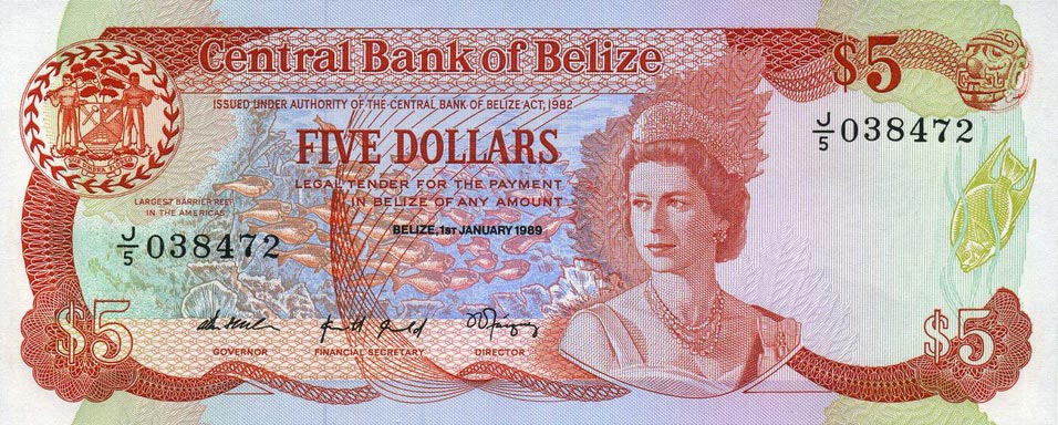 Front of Belize p47b: 5 Dollars from 1989
