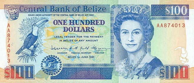 Front of Belize p57b: 100 Dollars from 1991