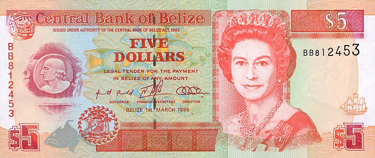 Front of Belize p58: 5 Dollars from 1996