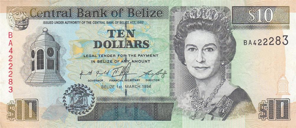 Front of Belize p59: 10 Dollars from 1996