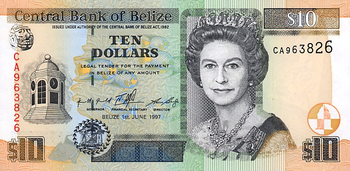 Front of Belize p62a: 10 Dollars from 1997