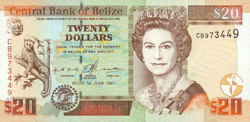 Front of Belize p63a: 20 Dollars from 1997