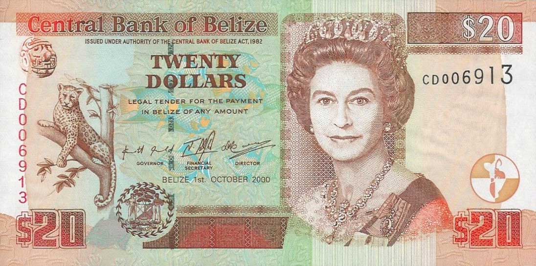 Front of Belize p63b: 20 Dollars from 2000