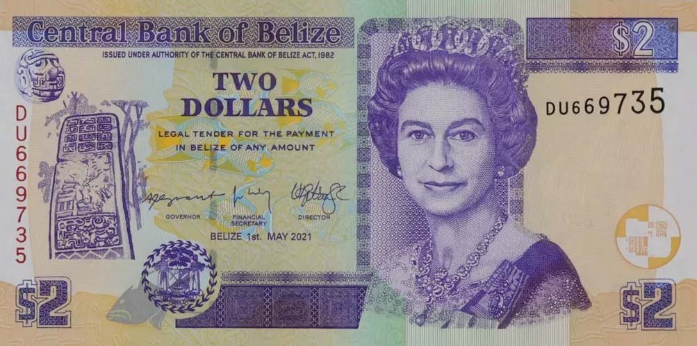 Front of Belize p66g: 2 Dollars from 2021