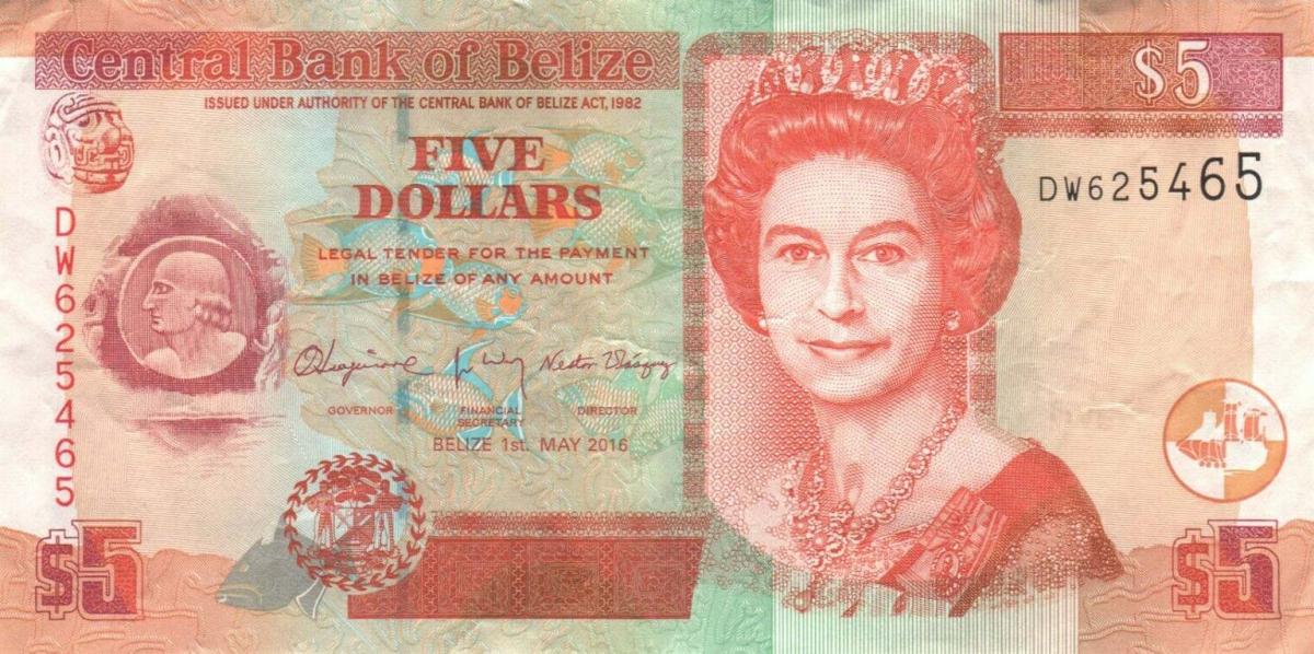 Front of Belize p67g: 5 Dollars from 2016