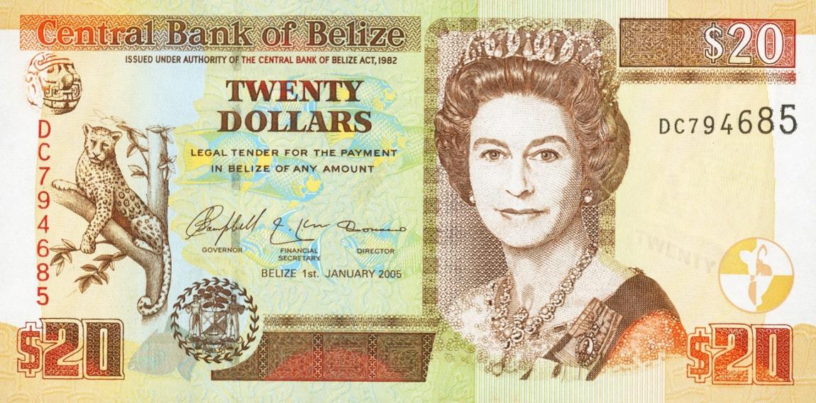 Front of Belize p69b: 20 Dollars from 2005