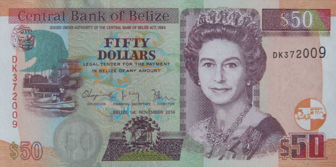 Front of Belize p70e: 50 Dollars from 2014