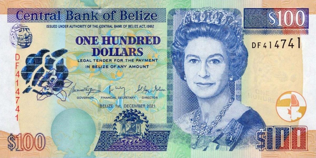 Front of Belize p71e: 100 Dollars from 2021