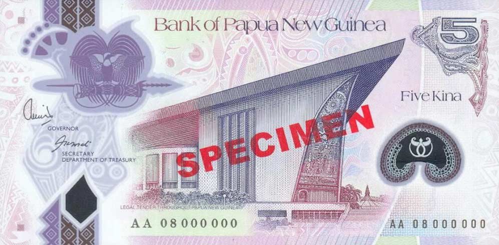 Front of Papua New Guinea p29s: 5 Kina from 2008