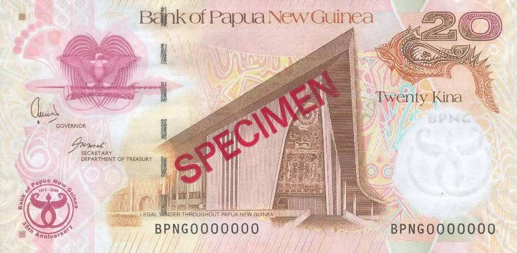 Front of Papua New Guinea p36s: 20 Kina from 2008