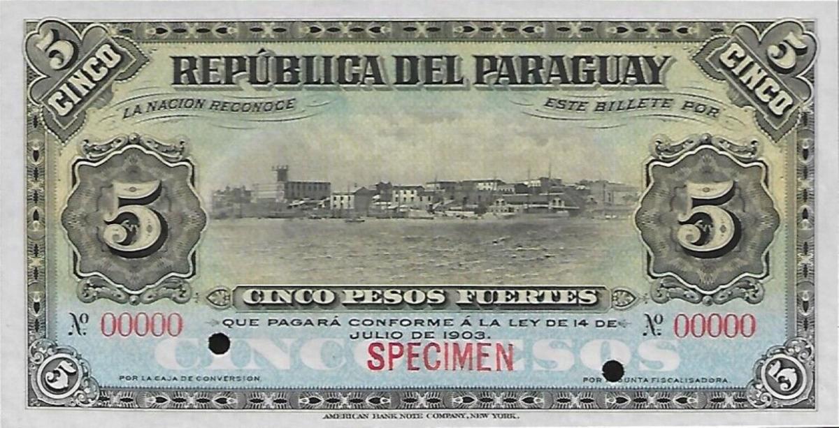 Front of Paraguay p108s1: 5 Pesos from 1903