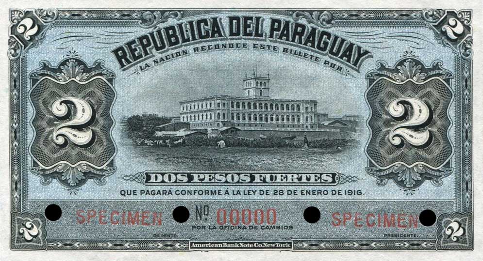 Front of Paraguay p139s: 2 Pesos from 1916