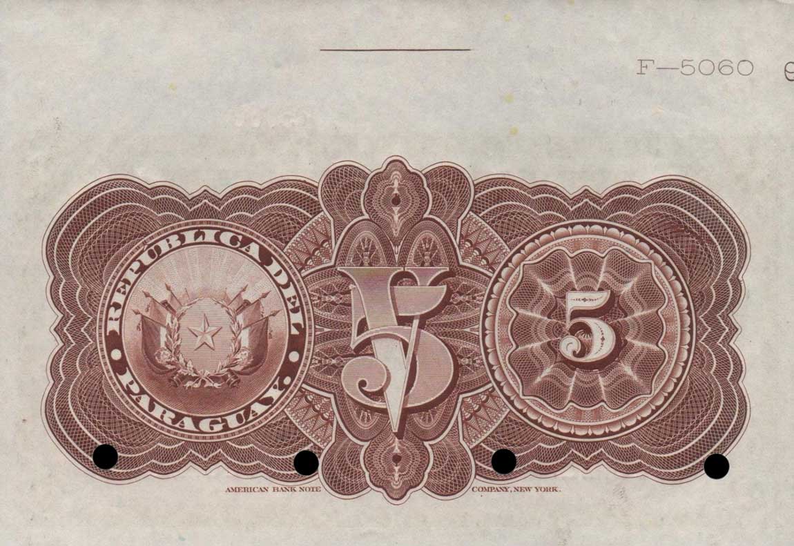 Back of Paraguay p140s: 5 Pesos from 1916