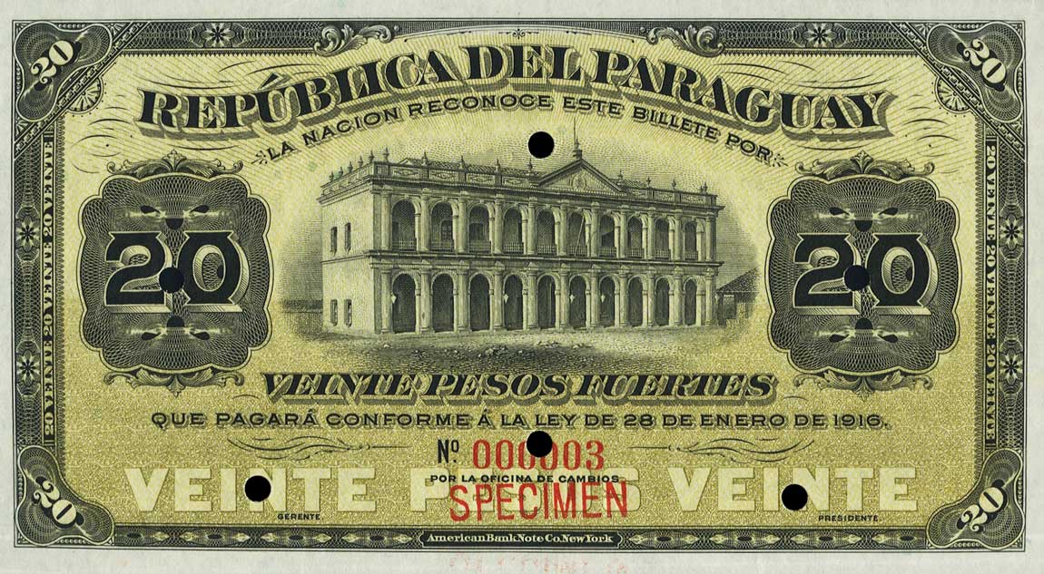 Front of Paraguay p142s: 20 Pesos from 1916