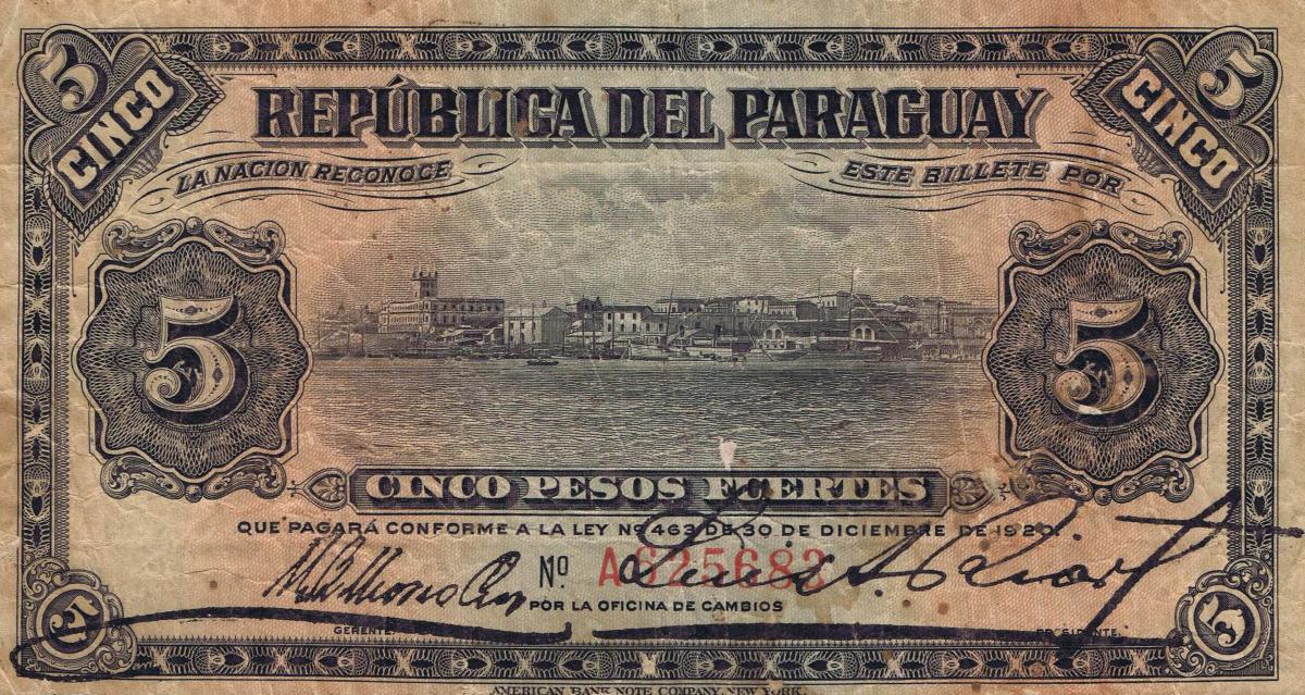 Front of Paraguay p143a: 5 Pesos from 1920