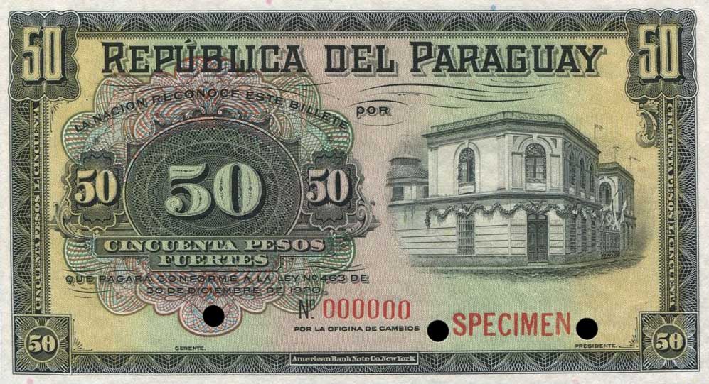 Front of Paraguay p145s: 50 Pesos from 1920