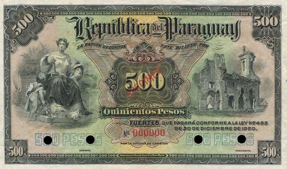 Front of Paraguay p148s: 500 Pesos from 1920