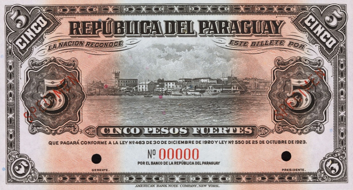 Front of Paraguay p149s: 5 Pesos from 1920