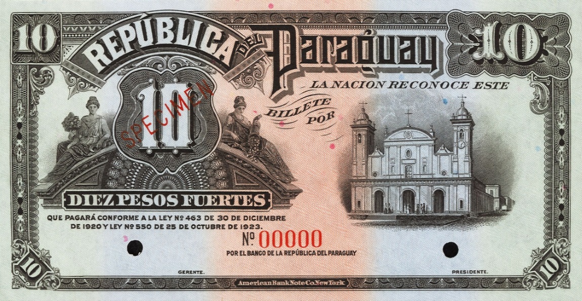 Front of Paraguay p150s: 10 Pesos from 1920