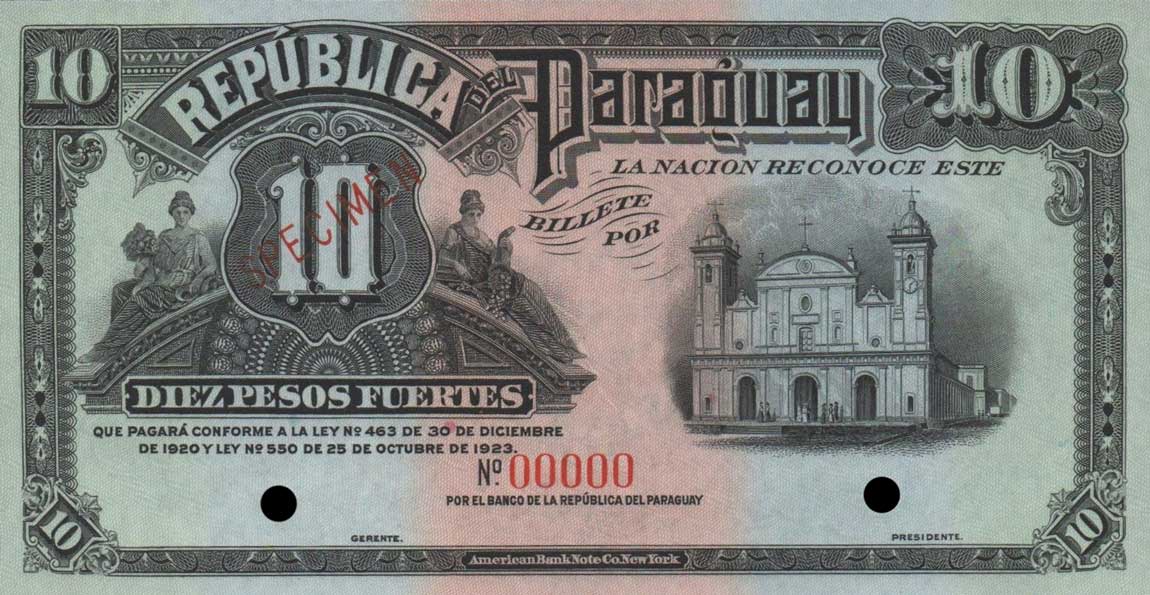 Front of Paraguay p164s: 10 Pesos from 1920