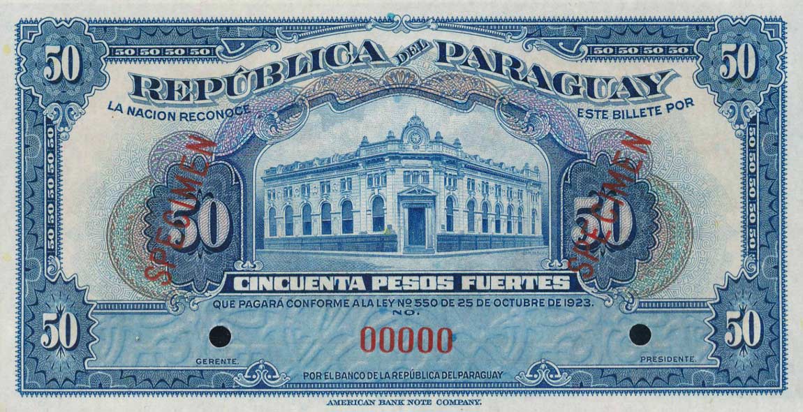 Front of Paraguay p165s: 50 Pesos from 1923