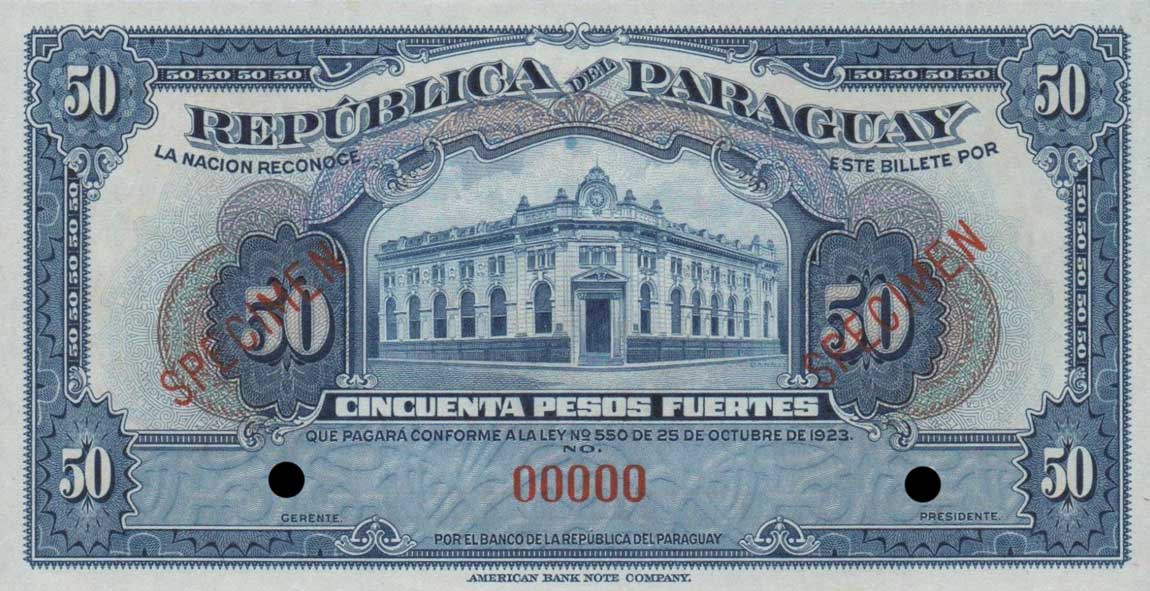 Front of Paraguay p166s: 50 Pesos from 1923