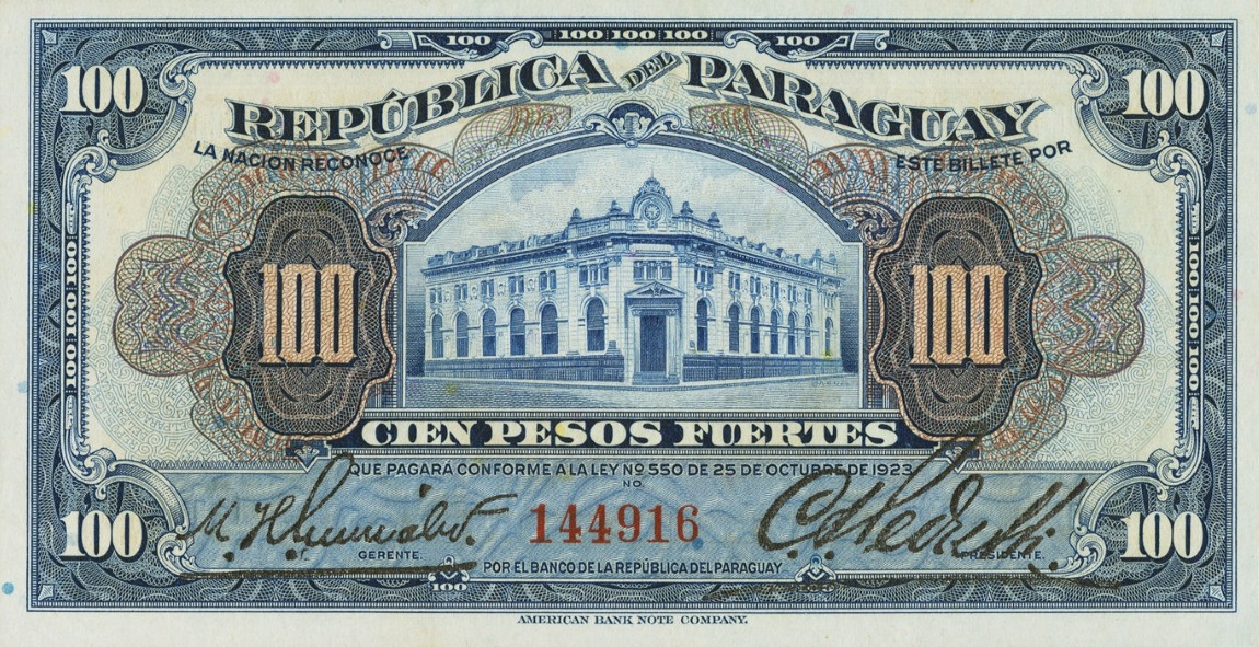 Front of Paraguay p167a: 100 Pesos from 1923