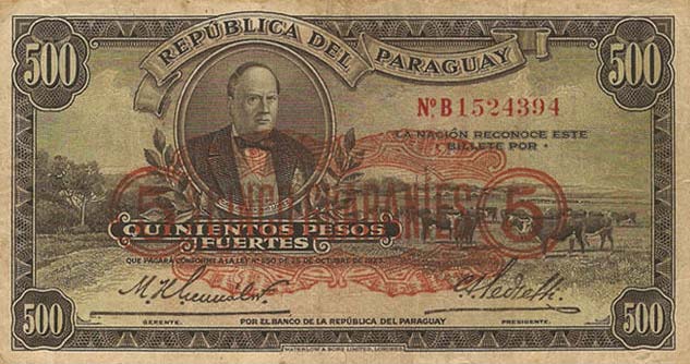 Front of Paraguay p175: 5 Guaranies from 1943