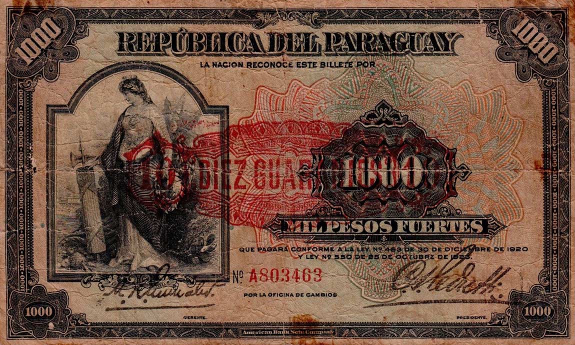 Front of Paraguay p176: 10 Guaranies from 1943