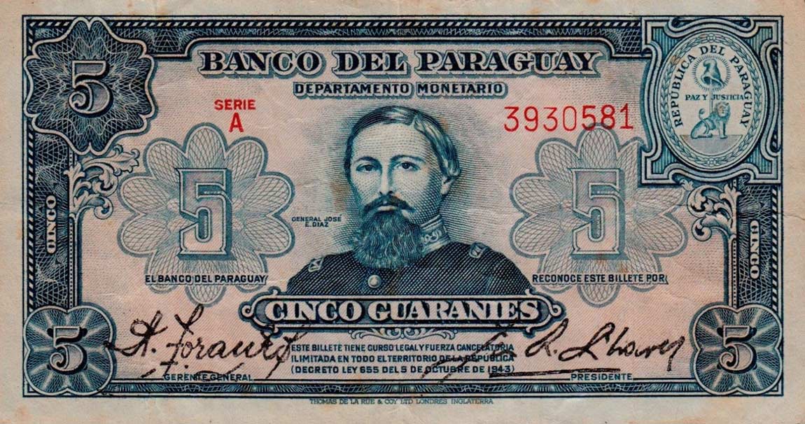 Front of Paraguay p179: 5 Guaranies from 1943