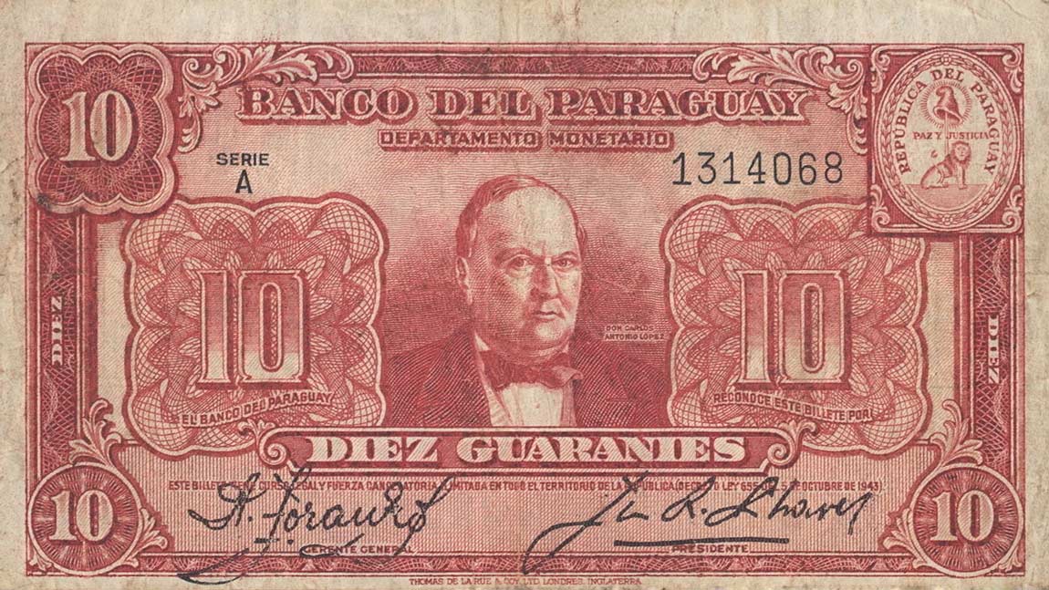 Front of Paraguay p180: 10 Guaranies from 1943