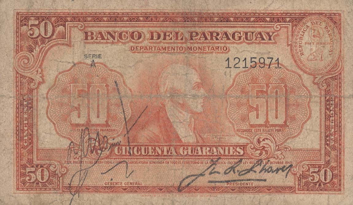 Front of Paraguay p181: 50 Guaranies from 1943