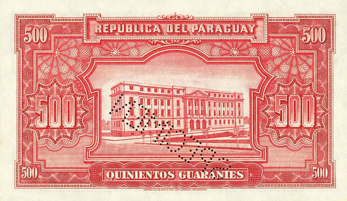 Back of Paraguay p183s: 500 Guaranies from 1943