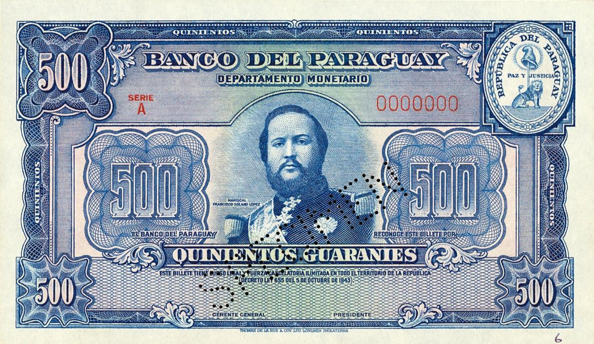 Front of Paraguay p183s: 500 Guaranies from 1943