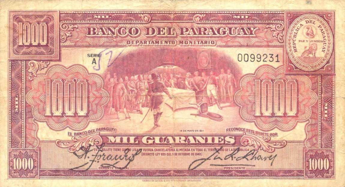 Front of Paraguay p184a: 1000 Guaranies from 1943