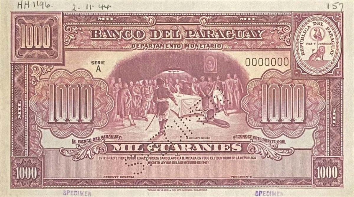 Front of Paraguay p184s: 1000 Guaranies from 1943