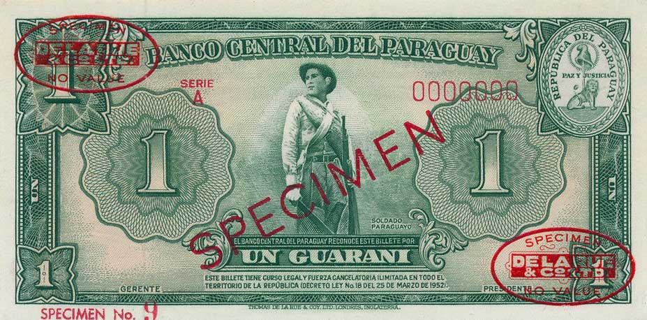 Front of Paraguay p185s: 1 Guarani from 1952