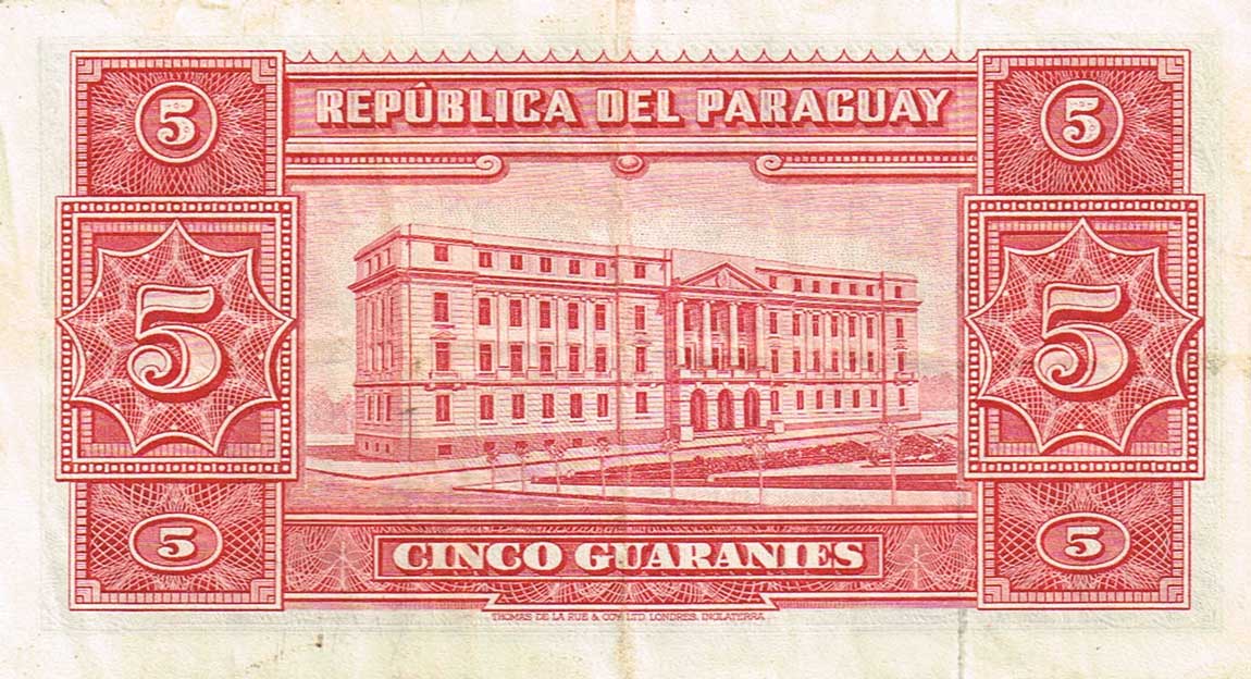 Back of Paraguay p186b: 5 Guaranies from 1952