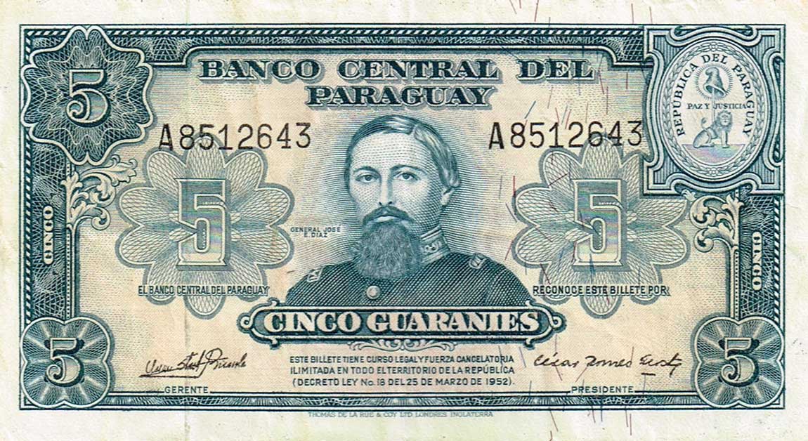 Front of Paraguay p186b: 5 Guaranies from 1952