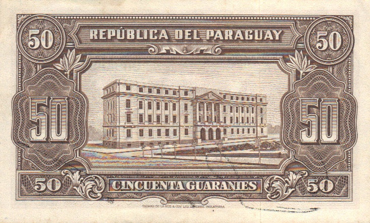 Back of Paraguay p188a: 50 Guaranies from 1952